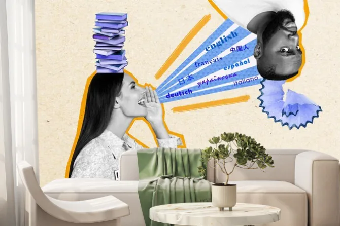 Fototapeta: Photo poster of funny stupid student collage young guy dont know