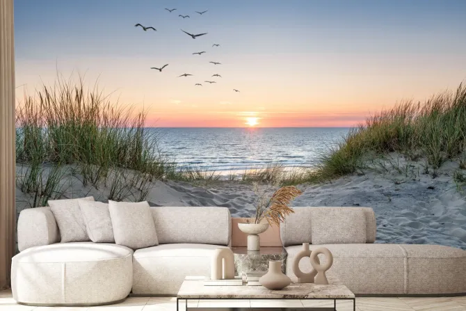 Fototapeta: Piaszczyste wydmy nad morzem i zachód słońca