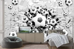 Fototapeta: Piłka nożna przebijająca mur biała cegła 3d