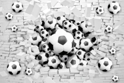 Fototapeta: Piłka nożna przebijająca mur biała cegła 3d