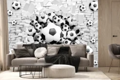 Fototapeta: Piłka nożna przebijająca mur biała cegła 3d