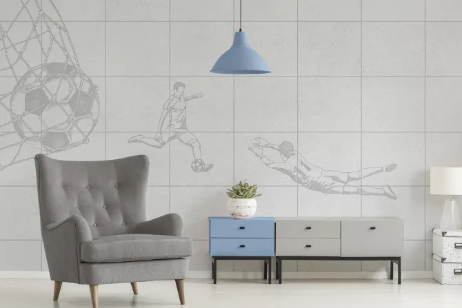 Fototapeta: Piłka nożna w siatce i piłkarze na teksturowym tle