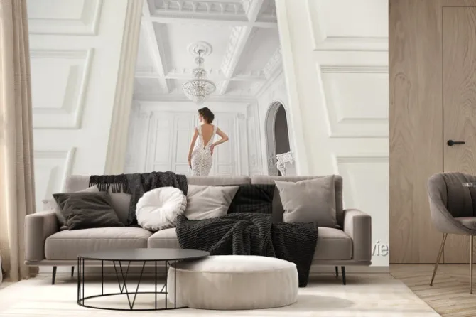 Fototapeta: Piękna panna młoda stwarzające w sukni ślubnej w białym studiu