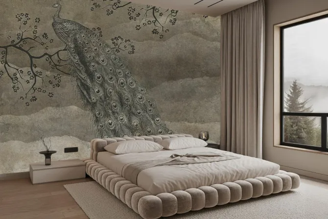 Fototapeta: Piękny paw na gałęzi na brązowym tle z teksturą