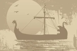 Fototapeta: Piracki statek na morzu na tle księżyca