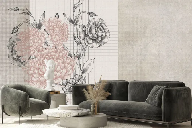 Fototapeta: Piwonie i róże na tle kratki