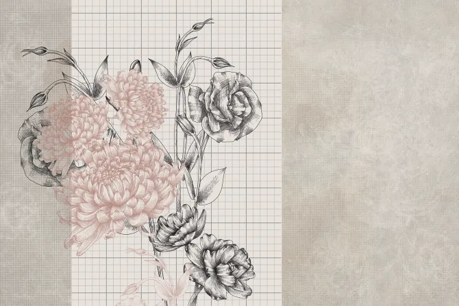 Fototapeta: Piwonie i róże na tle kratki