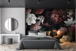 Fototapeta: Piwonie róże i inne kwiaty na czarnym tle