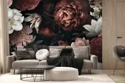 Fototapeta: Piwonie róże i inne kwiaty na czarnym tle