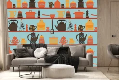 Fototapeta: Półki z porcelanowymi dzbankami i kawą