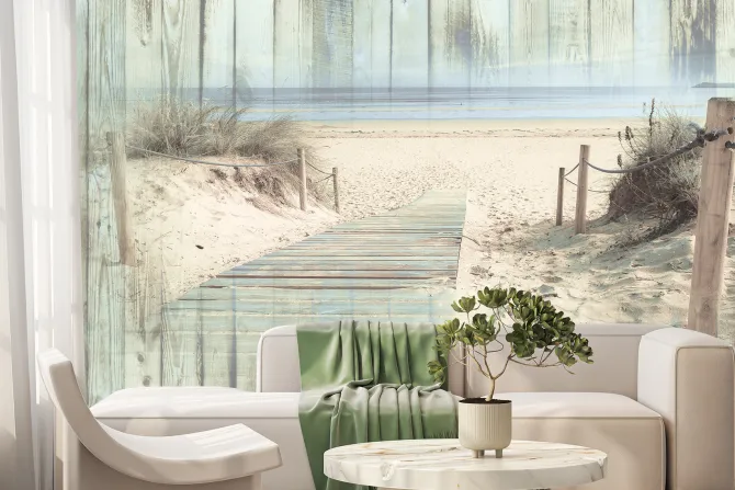 Fototapeta: Plaża z pomostem w imitacji drewnianych desek