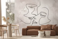 Fototapeta: Pocałunek zakochanych w stylu line art z delikatnym akwarelowym