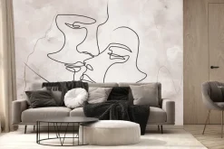 Fototapeta: Pocałunek zakochanych w stylu line art z delikatnym akwarelowym