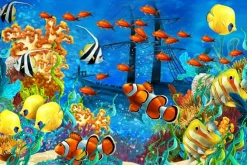 Fototapeta: Podwodny krajobraz z rybami statkiem i rafą koralową w żywych