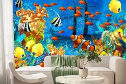 Fototapeta: Podwodny krajobraz z rybami statkiem i rafą koralową w żywych