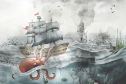 Fototapeta: Podwodny świat z ośmiornicą statkiem i rybami bajkowy wzór