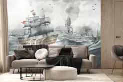 Fototapeta: Podwodny świat z ośmiornicą statkiem i rybami bajkowy wzór