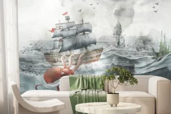 Fototapeta: Podwodny świat z ośmiornicą statkiem i rybami bajkowy wzór