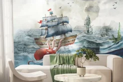 Fototapeta: Podwodny świat z ośmiornicą statkiem i rybami bajkowy wzór