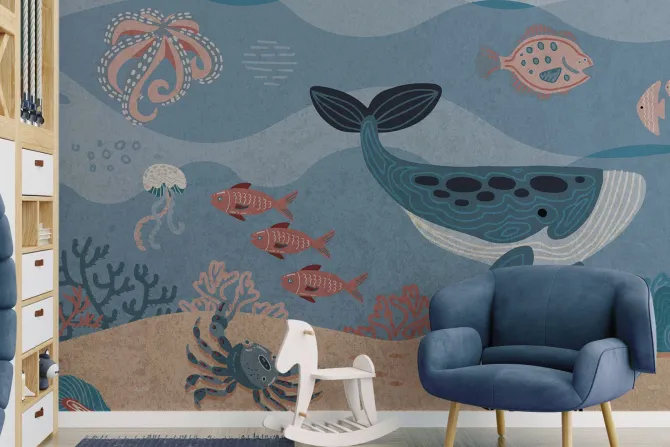 Fototapeta: Podwodny świat z morskimi zwierzętami bajkowy wzór dla dzieci