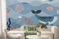 Fototapeta: Podwodny świat z morskimi zwierzętami bajkowy wzór dla dzieci