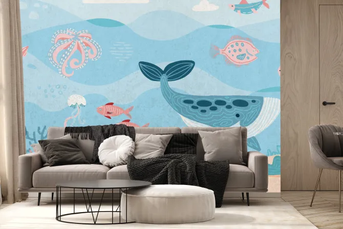 Fototapeta: Podwodny świat z morskimi zwierzętami bajkowy wzór dla dzieci