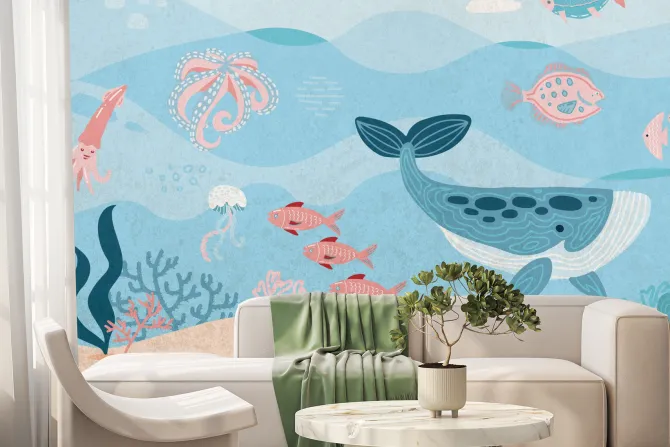 Fototapeta: Podwodny świat z morskimi zwierzętami bajkowy wzór dla dzieci