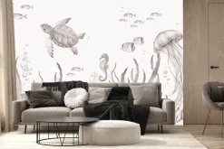 Fototapeta: Podwodny świat z morskimi zwierzętami akwarela dziecięca ilustracja