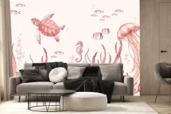 Fototapeta: Podwodny świat z morskimi zwierzętami akwarela dziecięca ilustracja