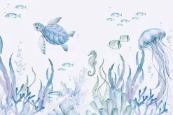 Fototapeta: Podwodny świat z morskimi zwierzętami akwarela dziecięca ilustracja
