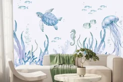 Fototapeta: Podwodny świat z morskimi zwierzętami akwarela dziecięca ilustracja