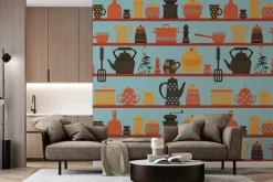 Fototapeta: Porcelanowa zastawa kuchenna na półkach