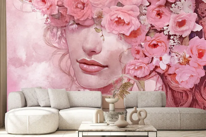 Fototapeta: Portret kobiecej twarzy wśród kwiatów w akwarelowym stylu