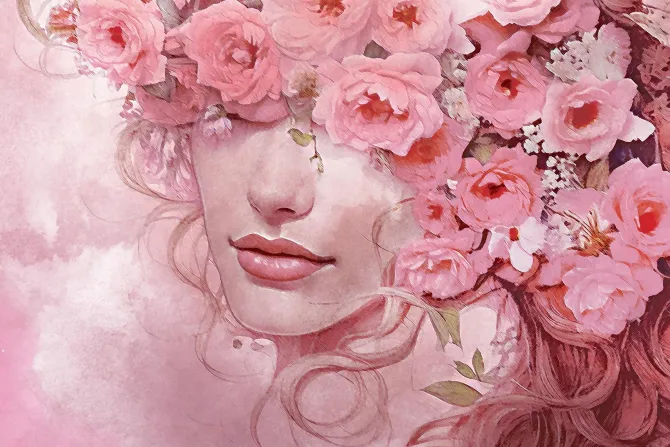 Fototapeta: Portret kobiecej twarzy wśród kwiatów w akwarelowym stylu