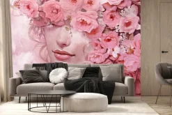 Fototapeta: Portret kobiecej twarzy wśród kwiatów w akwarelowym stylu