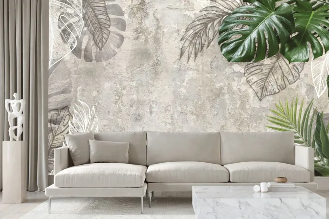 Fototapeta: Postarzane tło z tropikalnymi liśćmi