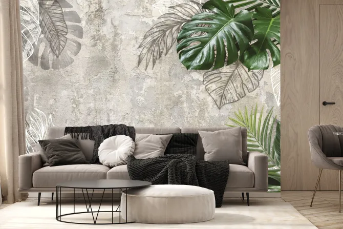 Fototapeta: Postarzane tło z tropikalnymi liśćmi