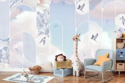 Fototapeta: Ptaki chmury i kwiaty w geometrycznych kształtach wzór w pastelach