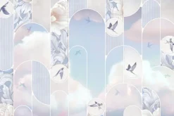 Fototapeta: Ptaki chmury i kwiaty w geometrycznych kształtach wzór w pastelach
