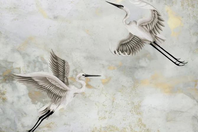 Fototapeta: Ptaki czaple w locie na tle z efektem marmuru