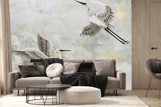 Fototapeta: Ptaki czaple w locie na tle z efektem marmuru