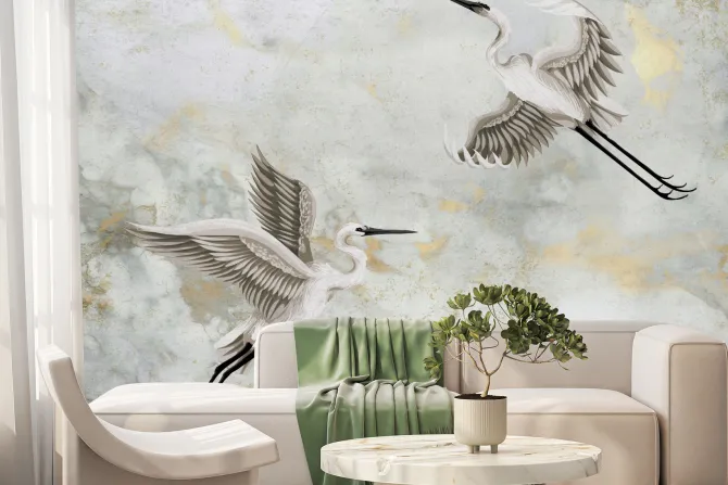 Fototapeta: Ptaki czaple w locie na tle z efektem marmuru
