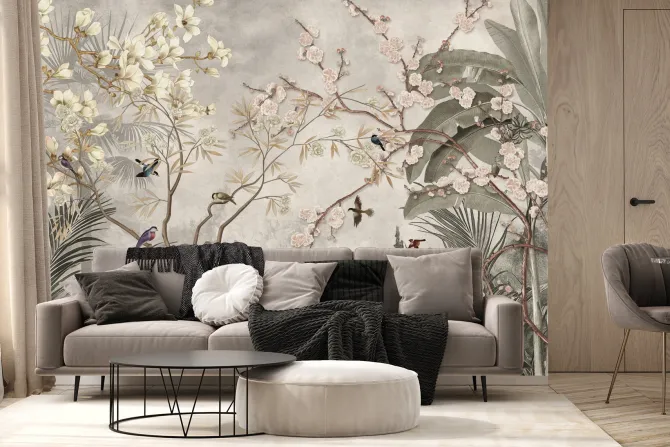 Fototapeta: Ptaki wśród tropikalnej dżungli i egzotycznych liści