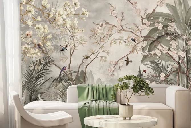 Fototapeta: Ptaki wśród tropikalnej dżungli i egzotycznych liści