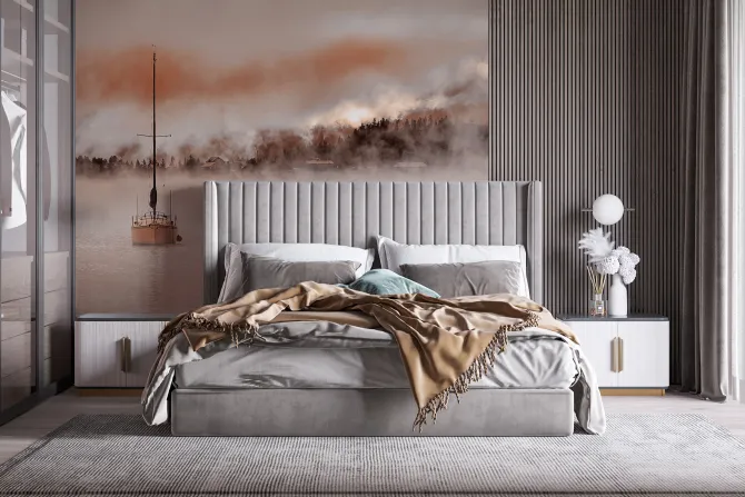 Fototapeta: Płynącą żaglówka na tle zamglonego lasy