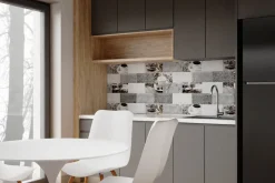 Fototapeta: Płytki kuchenne z filiżankami kawy i ziarnami