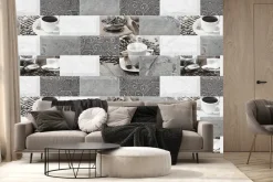 Fototapeta: Płytki kuchenne z filiżankami kawy i ziarnami