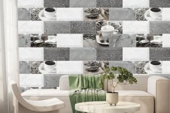 Fototapeta: Płytki kuchenne z filiżankami kawy i ziarnami