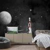 Fototapeta: Rakieta na tle gwiezdnego nieba i księżyc ilustracja