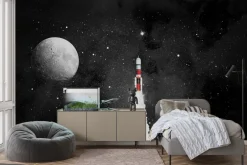 Fototapeta: Rakieta na tle gwiezdnego nieba i księżyc ilustracja